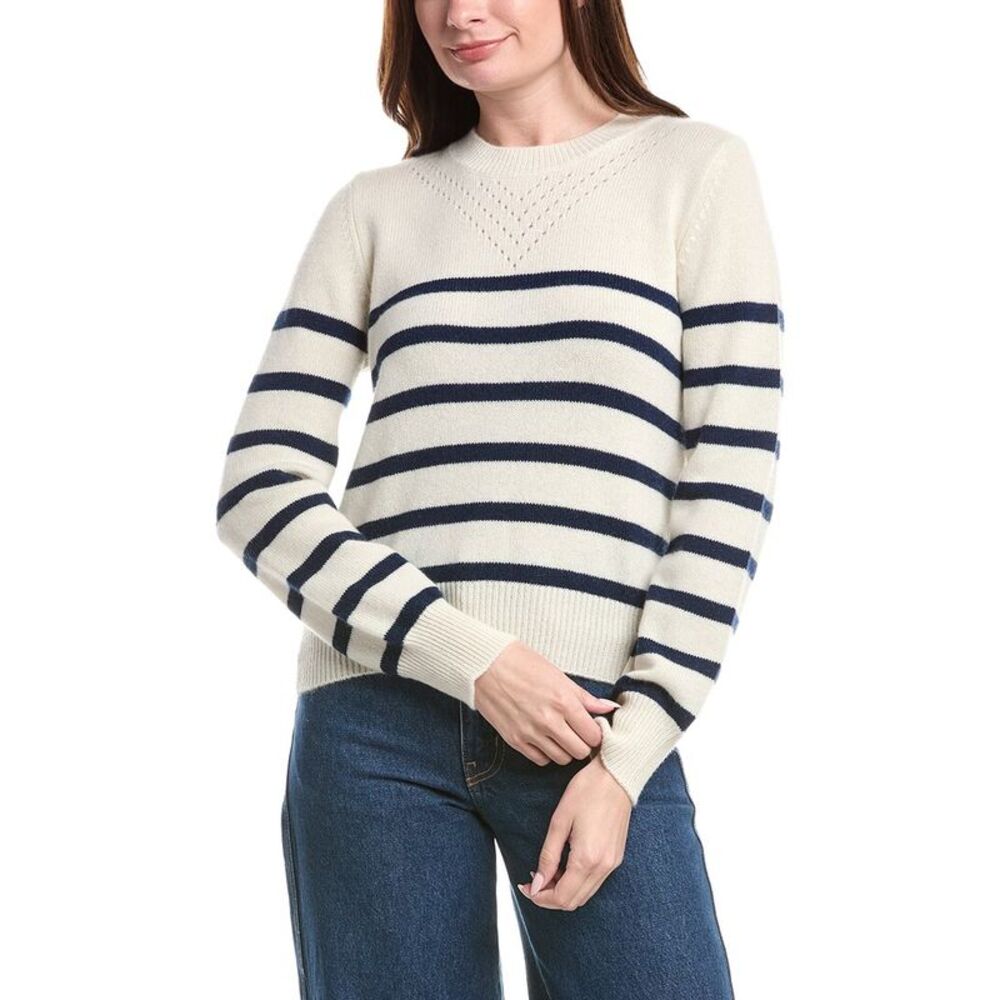&Isla Womens  Lacey Stripe Pointelle Cashmere Top, White